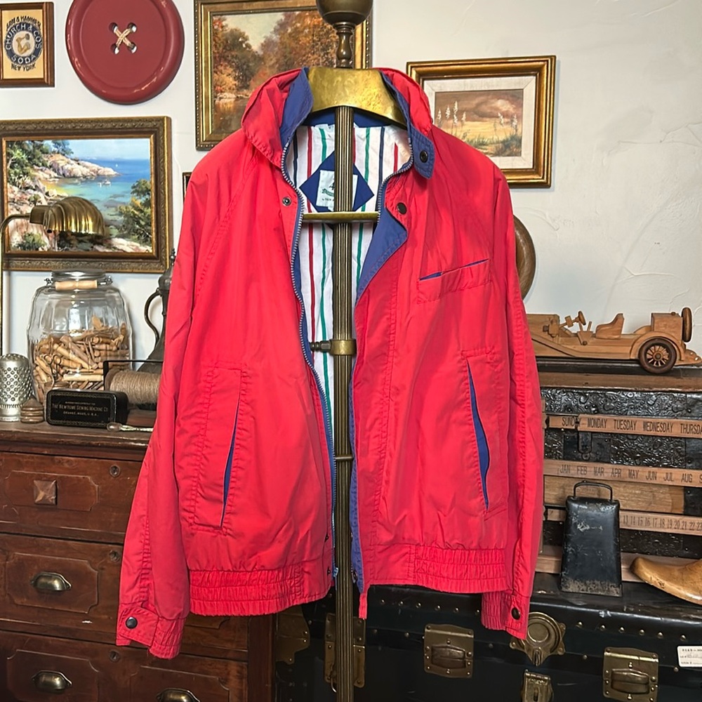 VINTAGE 80s Van Heusen Red Nautical Striped Windbreaker Jacket